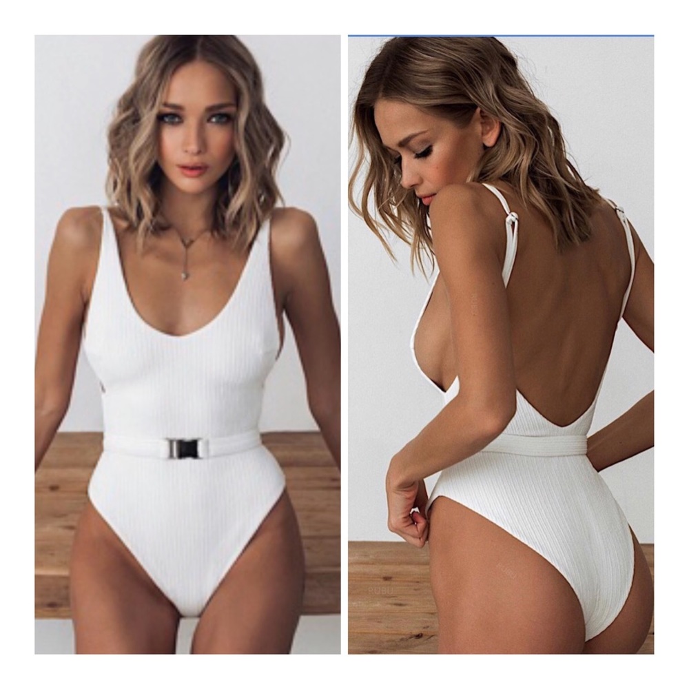White Belted One Piece Swimsuit - Picture 3 of 17
